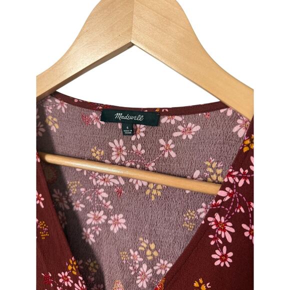 Madewell Ruffle Wrap Dress Windowbox Floral Butterfly Burgundy Short Sleeve 6 - Picture 6 of 6